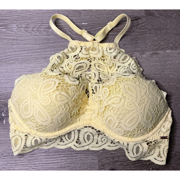 Victoria's Secret Yellow Lace Bra Bralette Push Up Racerback High Neck Medium - Picture 1 of 11